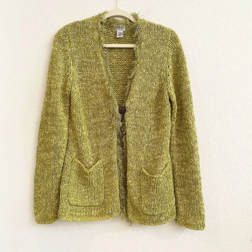 Chicos Womens Sweater 2 Large Green Open Front Chunky‎ Knit One Button Cardigan